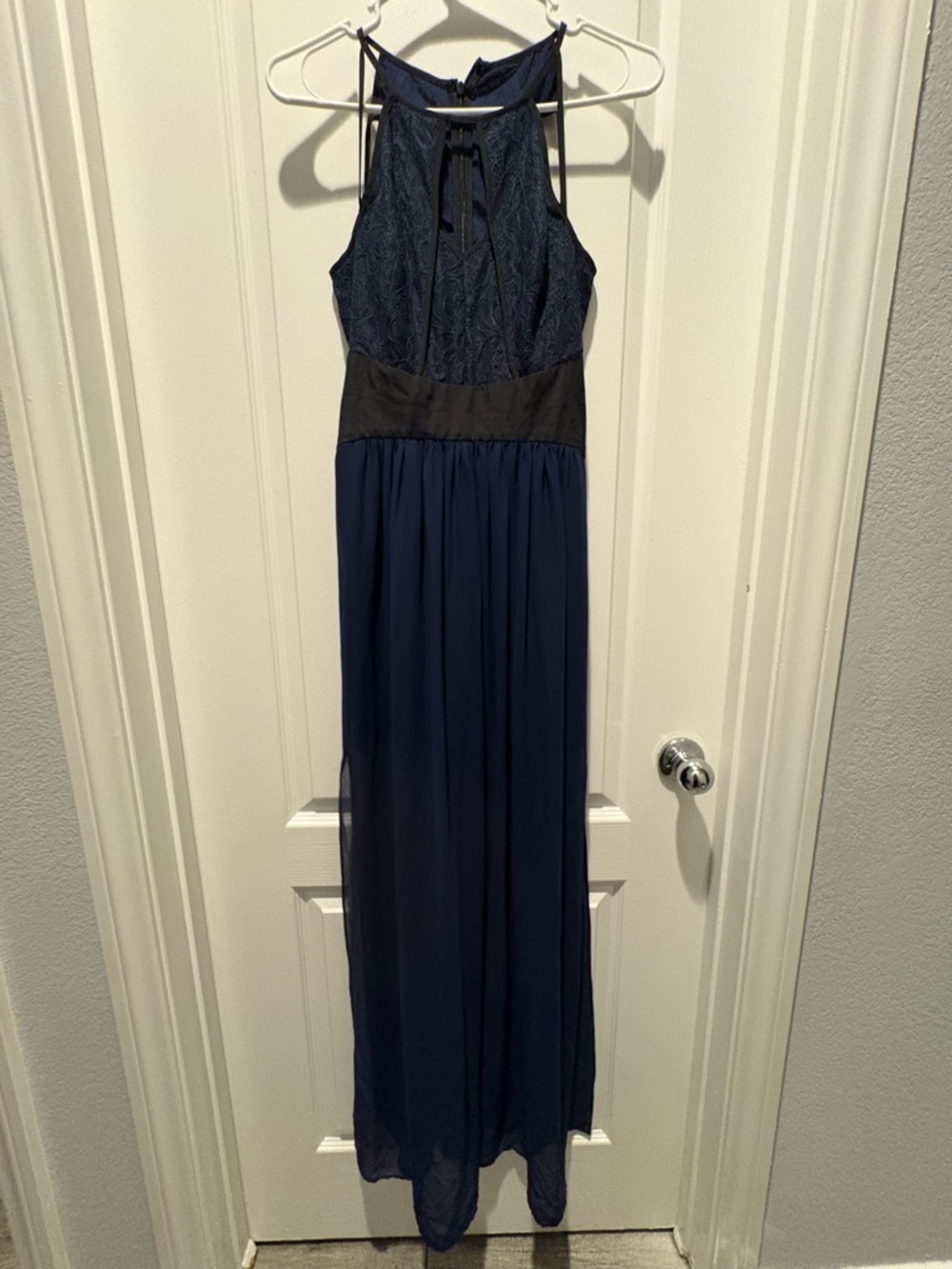 BCBGeneration navy blue and black halter-style maxi dress with lace detailing